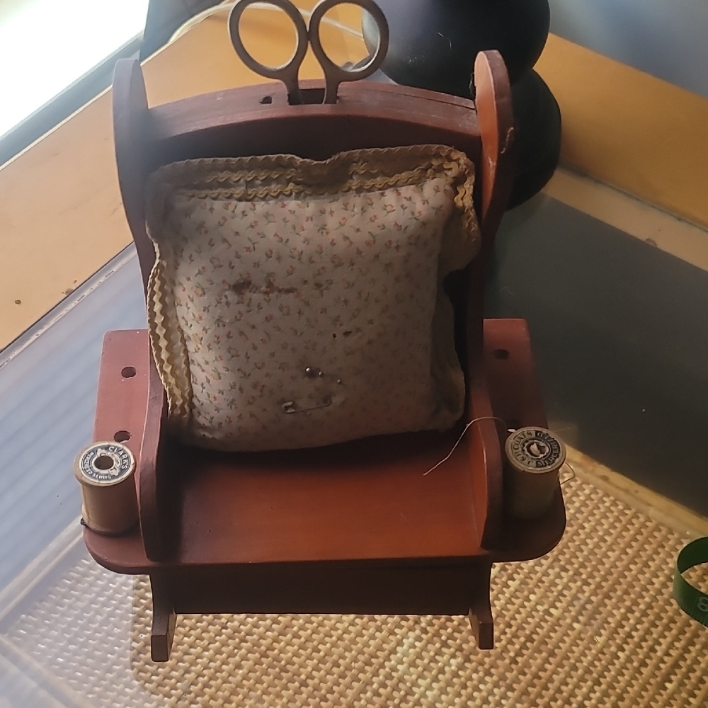 Vintage Wooden Sewing Caddy with Scissors